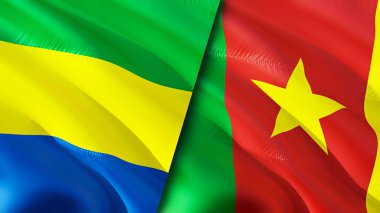 Gabon ve Kamerun bayrakları. 3 boyutlu dalgalanan bayrak tasarımı. Gabon Kamerun bayrağı, resim, duvar kağıdı. Gabon, Kamerun 'a karşı, görüntü 3 boyutlu. Gabon Kamerun ilişkileri ittifak ve ticaret, seyahat, turizm konsepti