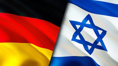 Almanya ve İsrail bayrakları. 3 boyutlu dalgalanan bayrak tasarımı. Almanya İsrail bayrağı, resim, duvar kağıdı. Almanya İsrail 'e karşı, görüntü 3D. Almanya İsrail ilişkileri ittifak ve ticaret, seyahat, turizm konsepti
