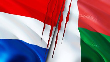 Yara izi olan Hollanda ve Madagaskar bayrakları. Dalgalanan bayrak, 3 boyutlu görüntüleme. Hollanda ve Madagaskar çatışma konsepti. Hollanda Madagaskar ilişkileri kavramı. Hollanda bayrağı