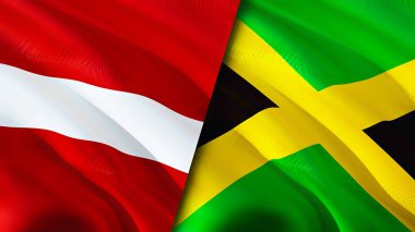Letonya ve Jamaika bayrakları. 3 boyutlu dalgalanan bayrak tasarımı. Letonya Jamaika bayrağı, resim, duvar kağıdı. Letonya, Jamaika 'ya karşı. Görüntü 3 boyutlu. Letonya Jamaika ilişkileri ittifak ve ticaret, seyahat, turizm konsepti