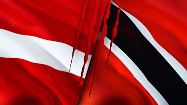Letonya, Trinidad ve yara izi olan Tobago bayrakları. Dalgalanan bayrak, 3 boyutlu görüntüleme. Letonya, Trinidad ve Tobago çatışma konsepti. Letonya Trinidad ve Tobago ilişkileri kavramı. Letonya bayrağı