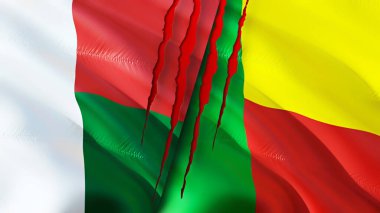 Madagaskar ve Benin bayrakları yara izi konseptiyle. Dalgalanan bayrak, 3 boyutlu görüntüleme. Madagaskar ve Benin çatışma konsepti. Madagaskar Benin ilişkileri kavramı. Madagaskar bayrağı ve Benin krizi, savaş, attac