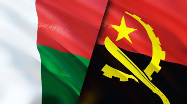Madagaskar ve Angola bayrakları. 3 boyutlu dalgalanan bayrak tasarımı. Madagaskar Angola bayrağı, resim, duvar kağıdı. Madagaskar, Angola 'ya karşı 3 boyutlu görüntü. Madagaskar Angola ilişkileri ittifak ve ticaret, seyahat, turnuva