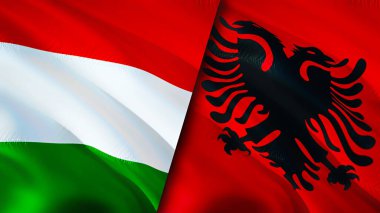 Macaristan ve Arnavutluk bayrakları. 3 boyutlu dalgalanan bayrak tasarımı. Macaristan Arnavutluk bayrağı, resim, duvar kağıdı. Macaristan Arnavutluk 'a karşı, görüntü 3D. Macaristan Arnavutluk ilişkileri ittifak ve ticaret, seyahat ve turizm consepti