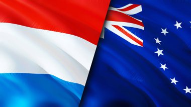 Lüksemburg ve Cook Adaları bayrakları. 3 boyutlu dalgalanan bayrak tasarımı. Lüksemburg Cook Adaları bayrağı, resim, duvar kağıdı. Lüksemburg, Cook Adaları 'na karşı. Görüntü 3 boyutlu. Lüksemburg Cook Adaları ilişkileri ittifak