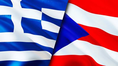 Yunanistan ve Porto Riko bayrakları. 3 boyutlu dalgalanan bayrak tasarımı. Yunanistan Porto Riko bayrağı, resim, duvar kağıdı. Yunanistan, Porto Riko 'ya karşı, görüntü 3 boyutlu. Yunanistan Porto Riko ilişkileri ve