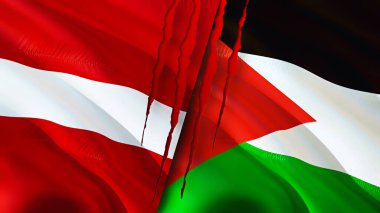 Letonya ve Ürdün bayrakları yara izi konseptiyle. Dalgalanan bayrak, 3 boyutlu görüntüleme. Letonya ve Ürdün çatışma konsepti. Letonya Jordan ilişkileri kavramı. Letonya ve Ürdün bayrağı krizi, savaş, saldırı konsepti