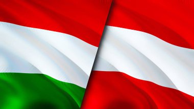Macaristan ve Avusturya bayrakları. 3 boyutlu dalgalanan bayrak tasarımı. Macaristan Avusturya bayrağı, resim, duvar kağıdı. Macaristan Avusturya 'ya karşı, görüntü 3D. Macaristan Avusturya ilişkileri ittifak ve ticaret, seyahat, turizm konsepti