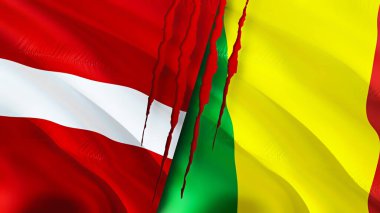 Letonya ve Mali bayrakları yara izi konseptiyle. Dalgalanan bayrak, 3 boyutlu görüntüleme. Letonya ve Mali çatışma konsepti. Letonya Mali ilişkileri kavramı. Letonya ve Mali krizi bayrağı, savaş, saldırı konsepti