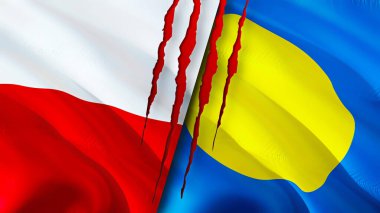 Yara izi olan Polonya ve Palau bayrakları. Dalgalanan bayrak, 3 boyutlu görüntüleme. Polonya ve Palau çatışma konsepti. Polonya Palau ilişkileri kavramı. Polonya bayrağı ve Palau krizi, savaş, saldırı konsepti