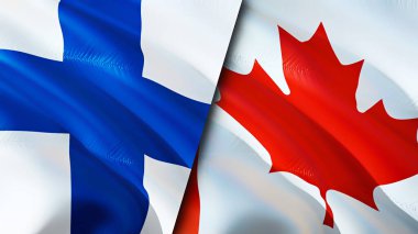 Finlandiya ve Kanada bayrakları. 3 boyutlu dalgalanan bayrak tasarımı. Finlandiya Kanada bayrağı, resim, duvar kağıdı. Finlandiya, Kanada 'ya karşı imaj, 3D görüntüleme. Finlandiya Kanada ilişkileri ittifak ve ticaret, seyahat ve turizm kavramları