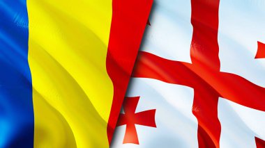 Romanya ve Gürcistan bayrakları. 3 boyutlu dalgalanan bayrak tasarımı. Romanya Gürcistan bayrağı, resim, duvar kağıdı. Romanya, Gürcistan 'a karşı imaj, 3D görüntüleme. Romanya Gürcistan ilişkileri ittifak ve Ticaret, seyahat ve turizm consepti