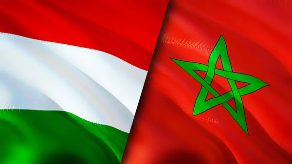 Hungary and Morocco flags. 3D Waving flag design. Hungary Morocco flag, picture, wallpaper. Hungary vs Morocco image,3D rendering. Hungary Morocco relations alliance and Trade,travel,tourism concep