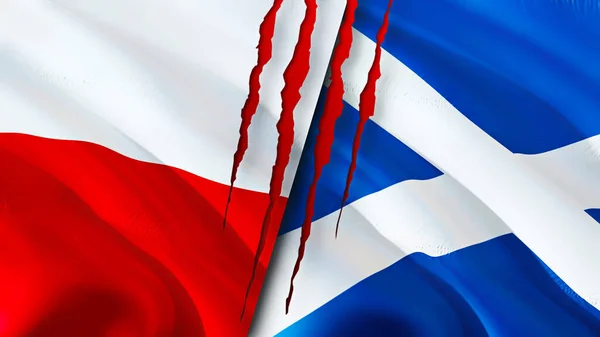 Poland and Scotland flags with scar concept. Waving flag,3D rendering. Poland and Scotland conflict concept. Poland Scotland relations concept. flag of Poland and Scotland crisis,war, attack concep