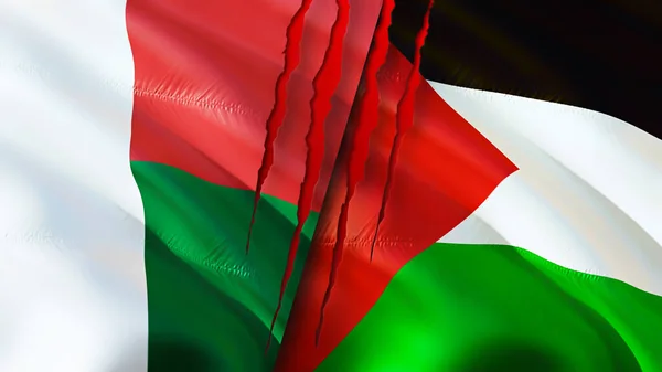 Bandeiras Madagascar Palestina Com Conceito Cicatriz Bandeira Ondulada Renderização Conceito — Fotografia de Stock