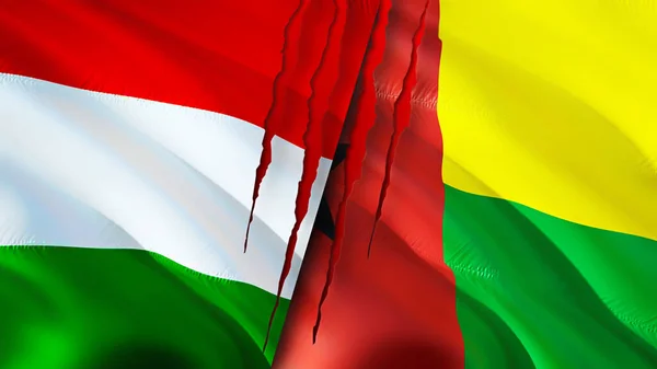 匈牙利和几内亚比绍的国旗带有疤痕概念 飘扬的旗帜 3D渲染 匈牙利和几内亚比绍冲突概念 匈牙利几内亚比绍关系概念 匈牙利和几内亚的国旗 — 图库照片