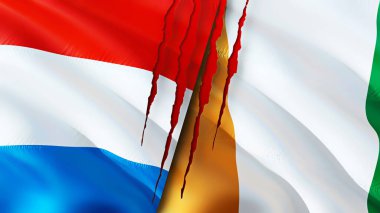 Lüksemburg ve Fildişi Sahili bayrakları ve yara izi konsepti. Dalgalanan bayrak, 3 boyutlu görüntüleme. Lüksemburg ve Fildişi Sahili çatışma konsepti. Lüksemburg Fildişi Sahili ilişki kavramı. Lüksemburg ve Cot bayrağı