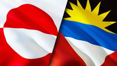 Grönland, Antigua ve Barbuda bayrakları. 3 boyutlu dalgalanan bayrak tasarımı. Grönland Antigua ve Barbuda bayrağı, resim, duvar kağıdı. Grönland, Antigua ve Barbuda 'ya karşı, görüntü 3D. Grönland Antigua
