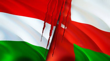 Macaristan ve Umman yara izi olan bayraklar. Dalgalanan bayrak, 3 boyutlu görüntüleme. Macaristan ve Umman çatışma konsepti. Macaristan Umman ilişkileri kavramı. Macaristan ve Umman bayrağı kriz, savaş, saldırı konsepti