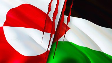 Grönland ve Filistin bayrakları ve yara izi konsepti. Dalgalanan bayrak, 3 boyutlu görüntüleme. Grönland ve Filistin çatışması konsepti. Grönland Filistin ilişkileri kavramı. Grönland ve Filistin bayrağı