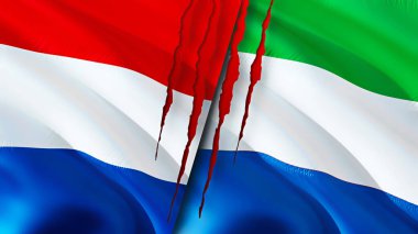 Hollanda ve Sierra Leone yara izi olan bayraklar. Dalgalanan bayrak, 3 boyutlu görüntüleme. Hollanda ve Sierra Leone çatışma konsepti. Hollanda Sierra Leone ilişkileri kavramı. Hollanda bayrağı