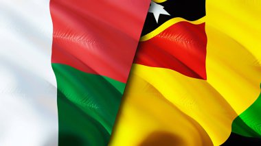 Madagaskar ve Nevis Adası bayrakları. 3 boyutlu dalgalanan bayrak tasarımı. Madagaskar Nevis Adası bayrağı, resim, duvar kağıdı. Madagaskar, Nevis Adası 'na karşı. Görüntü 3 boyutlu. Madagaskar Nevis Adası ilişkileri ittifak