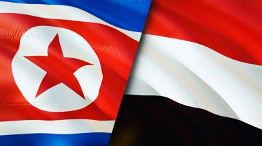 Kuzey Kore ve Yemen bayrakları. 3 boyutlu dalgalanan bayrak tasarımı. Kuzey Kore Yemen bayrağı, resim, duvar kağıdı. Kuzey Kore, Yemen 'e karşı, görüntü 3 boyutlu. Kuzey Kore Yemen ilişkileri ittifak ve ticaret, seyahat, turnuva