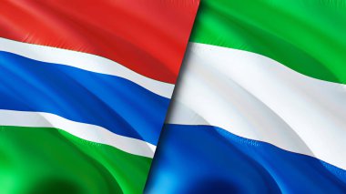 Gambiya ve Sierra Leone bayrakları. 3 boyutlu dalgalanan bayrak tasarımı. Gambiya Sierra Leone bayrağı, resim, duvar kağıdı. Gambiya, Sierra Leone 'ye karşı, görüntü 3 boyutlu. Gambiya Sierra Leone ilişkileri