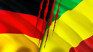 Yara izi olan Almanya ve Kongo bayrakları. Dalgalanan bayrak, 3 boyutlu görüntüleme. Almanya ve Kongo çatışma konsepti. Almanya Kongo ilişkileri kavramı. Almanya ve Kongo bayrağı krizi, savaş, saldırı konsepti