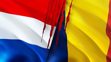 Hollanda ve Çad bayrakları yara izi konseptiyle. Dalgalanan bayrak, 3 boyutlu görüntüleme. Hollanda ve Çad çatışma konsepti. Hollanda Çad ilişkileri kavramı. Hollanda bayrağı ve Çad krizi, savaş, attac
