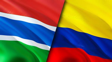 Gambiya ve Kolombiya bayrakları. 3 boyutlu dalgalanan bayrak tasarımı. Gambiya Kolombiya bayrağı, resim, duvar kağıdı. Gambiya, Kolombiya 'ya karşı. Görüntü 3 boyutlu. Gambiya Kolombiya ilişkileri ittifak ve ticaret, seyahat, turizm konsepti