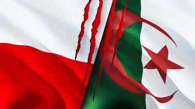 Yara izi olan Polonya ve Cezayir bayrakları. Dalgalanan bayrak, 3 boyutlu görüntüleme. Polonya ve Cezayir çatışma konsepti. Polonya Cezayir ilişkileri kavramı. Polonya ve Cezayir bayrağı krizi, savaş, saldırı konsepti