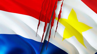 Hollanda ve Saba Adası bayraklarında yara izi var. Dalgalanan bayrak, 3 boyutlu görüntüleme. Hollanda ve Saba Adası çatışma konsepti. Hollanda Saba Adası ilişkileri kavramı. Hollanda ve Sab bayrağı