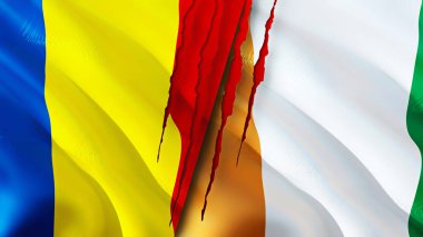 Romanya ve Fildişi Sahili yara izi olan bayraklar. Dalgalanan bayrak, 3 boyutlu görüntüleme. Romanya ve Cote d 'Ivoire ihtilaf konsepti. Romanya Fildişi Sahili İlişkileri konsepti. Romanya bayrağı ve Fildişi Sahili