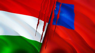 Yara izi olan Macaristan ve Samoa bayrakları. Dalgalanan bayrak, 3 boyutlu görüntüleme. Macaristan ve Samoa çatışma konsepti. Macaristan Samoa ilişkileri kavramı. Macaristan bayrağı ve Samoa krizi, savaş, saldırı konsepti