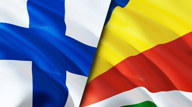 Finlandiya ve Seyşeller bayrakları. 3 boyutlu dalgalanan bayrak tasarımı. Finlandiya Seyşeller bayrağı, resim, duvar kağıdı. Finlandiya, Seyşeller 'in 3D görüntüsüne karşı. Finlandiya Seyşeller İlişkiler İttifakı