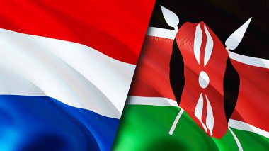Hollanda ve Kenya bayrakları. 3 boyutlu dalgalanan bayrak tasarımı. Hollanda bayrağı, resim, duvar kağıdı. Hollanda, Kenya imajına karşı, 3D görüntüleme. Hollanda Kenya ilişkileri ittifak ve ticaret, seyahat, turnuva