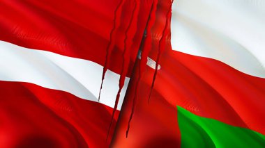 Letonya ve Umman yara izi olan bayraklar. Dalgalanan bayrak, 3 boyutlu görüntüleme. Letonya ve Umman çatışma konsepti. Letonya Umman ilişkileri kavramı. Letonya ve Umman bayrağı krizi, savaş, saldırı konsepti