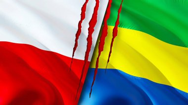 Yara izi olan Polonya ve Gabon bayrakları. Dalgalanan bayrak, 3 boyutlu görüntüleme. Polonya ve Gabon çatışma konsepti. Polonya Gabon ilişkileri kavramı. Polonya bayrağı ve Gabon krizi, savaş, saldırı konsepti