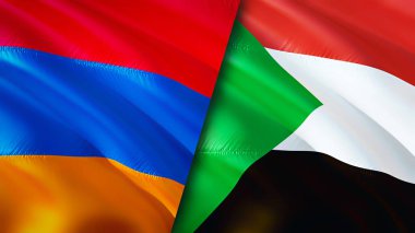 Ermenistan ve Sudan bayrakları. 3 boyutlu dalgalanan bayrak tasarımı. Ermenistan Sudan bayrağı, resim, duvar kağıdı. Ermenistan, Sudan imajına karşı, 3D görüntüleme. Ermenistan Sudan ilişkileri ittifak ve ticaret, seyahat, turizm konsepti