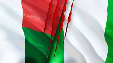 Madagaskar ve Nijerya bayrakları yara izi konseptiyle. Dalgalanan bayrak, 3 boyutlu görüntüleme. Madagaskar ve Nijerya çatışma konsepti. Madagaskar Nijerya ilişkileri kavramı. Madagaskar bayrağı ve Nijerya krizi, savaş