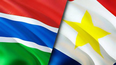Gambia ve Saba Adası bayrakları. 3 boyutlu dalgalanan bayrak tasarımı. Gambia Saba Adası bayrağı, resim, duvar kağıdı. Gambia, Saba Adası 'na karşı, görüntü 3 boyutlu. Gambia Saba Adası İlişkiler Birliği ve