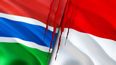 Gambiya ve Monako bayrakları yara izi konseptiyle. Dalgalanan bayrak, 3 boyutlu görüntüleme. Gambiya ve Monako çatışma konsepti. Gambia Monako ilişkileri kavramı. Gambiya bayrağı ve Monako krizi, savaş, saldırı konsepti