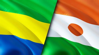 Gabon ve Nijer bayrakları. 3 boyutlu dalgalanan bayrak tasarımı. Gabon Nijer bayrağı, resim, duvar kağıdı. Gabon, Nijer 'e karşı, görüntü 3 boyutlu. Gabon Nijer ilişkileri ittifak ve ticaret, seyahat, turizm konsepti