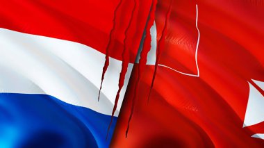 Hollanda, Wallis ve yara izi olan Futuna bayrakları. Dalgalanan bayrak, 3 boyutlu görüntüleme. Hollanda ve Wallis ve Futuna çatışma konsepti. Hollanda Wallis ve Futuna ilişkileri kavramı. bayrak o