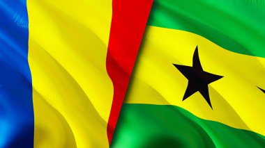 Romanya ve Sao Tome ve Principe bayrakları. 3 boyutlu dalgalanan bayrak tasarımı. Romanya Sao Tome ve Principe bayrağı, resim, duvar kağıdı. Romanya, Sao Tome ve Principe 'nin 3D görüntüsüne karşı. Romanya Sao Tome ve