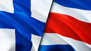 Finlandiya ve Kosta Rika bayrakları. 3 boyutlu dalgalanan bayrak tasarımı. Finlandiya Kosta Rika bayrağı, resim, duvar kağıdı. Finlandiya, Kosta Rika 'ya karşı, görüntü 3 boyutlu. Finlandiya Kosta Rika ilişkileri