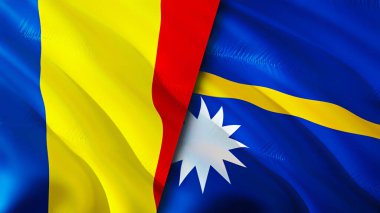 Romanya ve Nauru bayrakları. 3 boyutlu dalgalanan bayrak tasarımı. Romanya Nauru bayrağı, resim, duvar kağıdı. Romanya Nauru 'ya karşı imaj, 3D görüntüleme. Romanya Nauru ilişkileri ittifak ve ticaret, seyahat ve turizm consepti