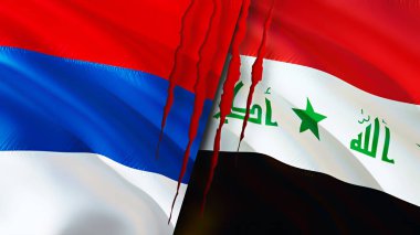 Sırbistan ve Irak yara izi kavramına sahip bayraklar. Dalgalanan bayrak, 3 boyutlu görüntüleme. Sırbistan ve Irak ihtilafı kavramı. Sırbistan Irak ilişkileri kavramı. Sırbistan ve Irak krizi bayrağı, savaş, saldırı konsepti