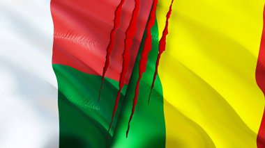 Madagaskar ve Mali bayrakları yara izi konseptiyle. Dalgalanan bayrak, 3 boyutlu görüntüleme. Madagaskar ve Mali çatışma konsepti. Madagaskar Mali ilişkileri kavramı. Madagaskar bayrağı ve Mali krizi, savaş, saldırı konsepti